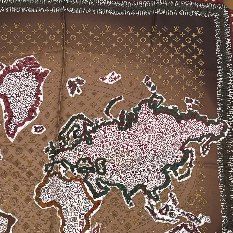 Louis Vuitton Scarf Silk Monogram Map Pattern Brown