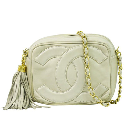 Authentic Chanel Deca Coco Mark Tassel Shoulder Bag Pochette Lambskin Leather