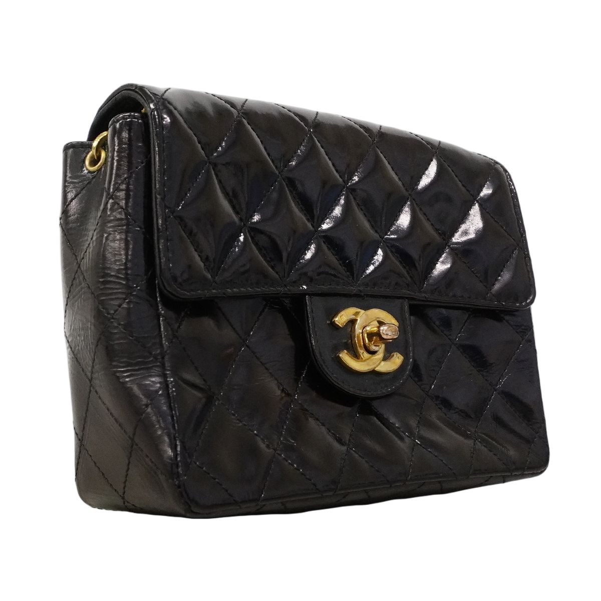 Chanel Shoulder Bag Mini Quilted Patent Leather Black Gold — view 2
