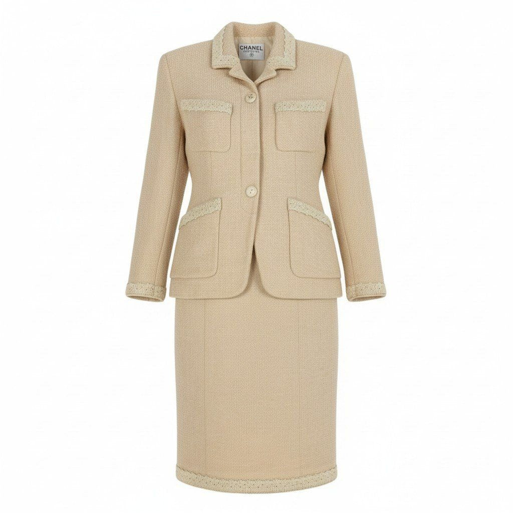Chanel Cc3 Vintage CC Logo Button Tweed Jacket Skirt Set M Ivory Suit