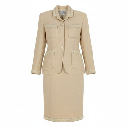 Chanel Cc3 Vintage CC Logo Button Tweed Jacket Skirt Set M Ivory Suit