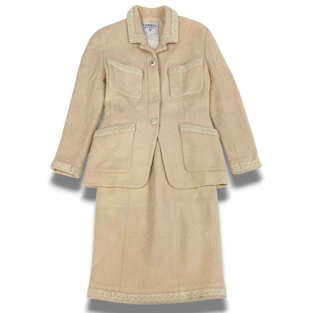 Chanel Cc3 Vintage CC Logo Button Tweed Jacket Skirt Set M Ivory Suit — view 2