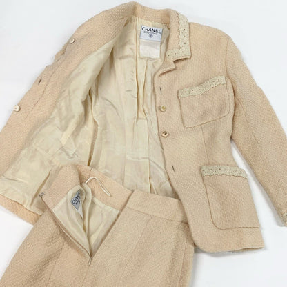 Chanel Cc3 Vintage CC Logo Button Tweed Jacket Skirt Set M Ivory Suit — view 6