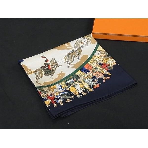 Hermes Cirque Molier Carre 90 Silk Large Scarf Navy Multicolor