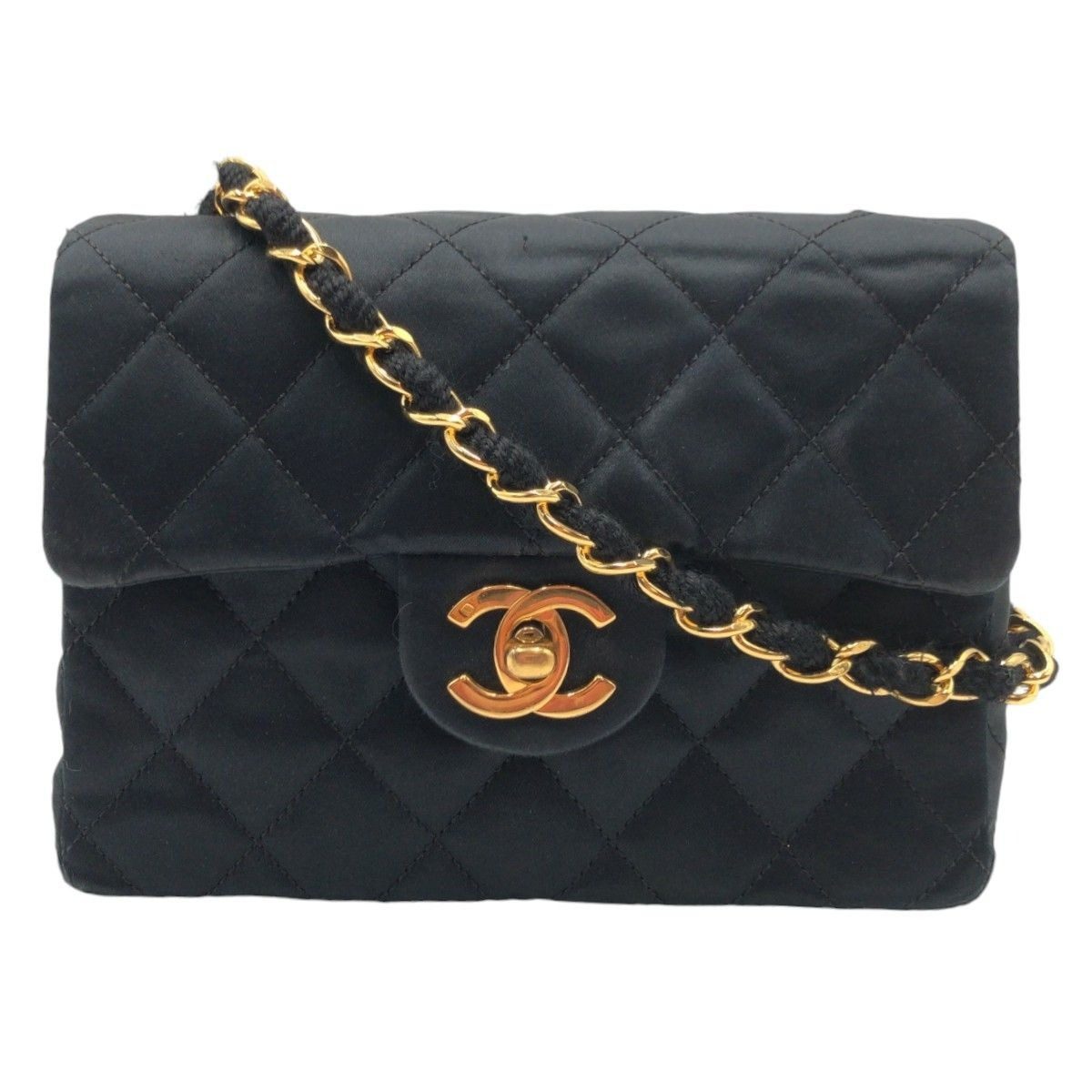 Chanel Vintage Mini Quilted CC Logo Turnlock Black Satin Crossbody Chain