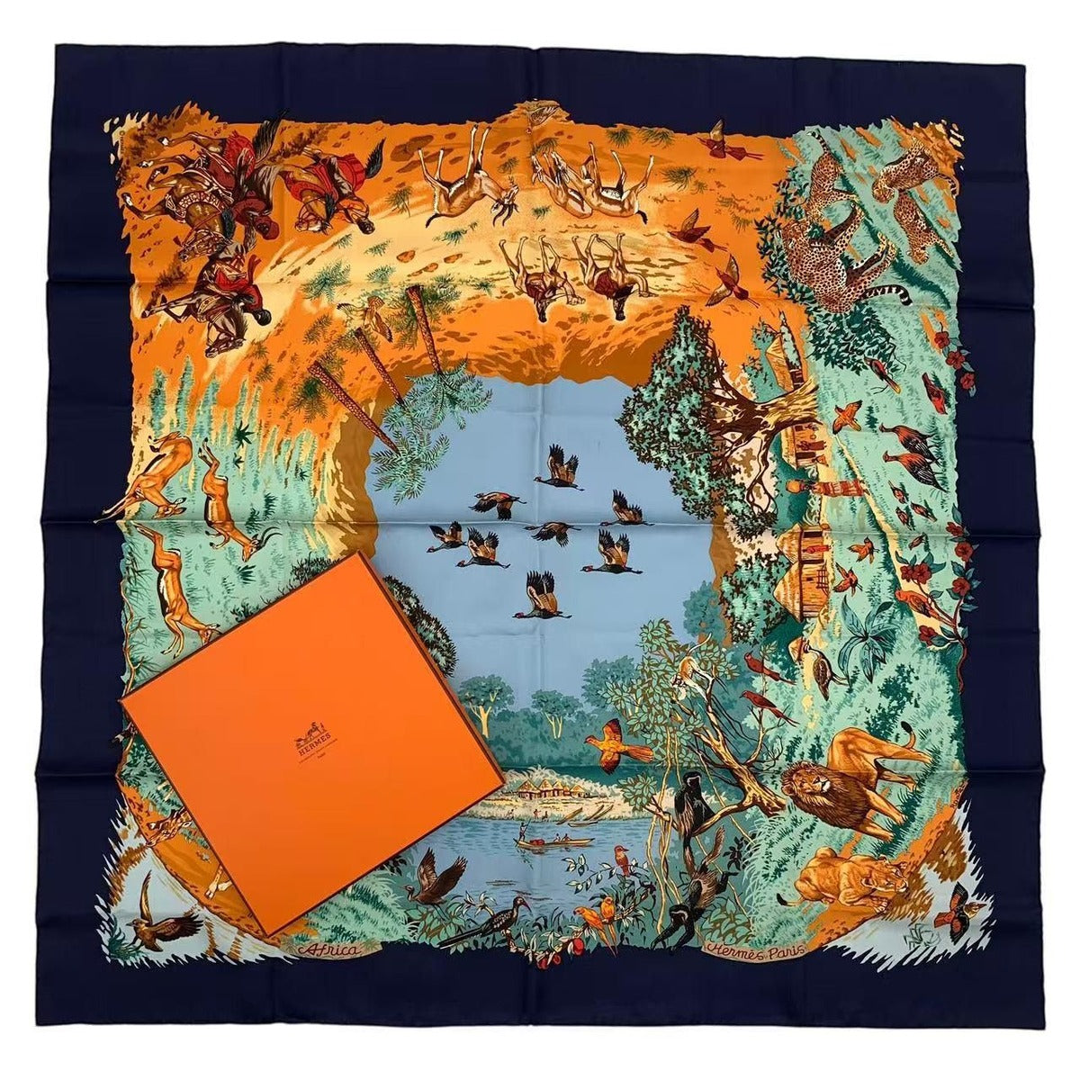 Hermes Scarf Carre 90 Africa Navy