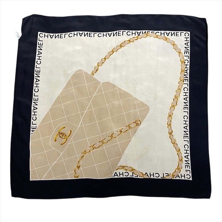 Chanel CC Logo Quilted Scarf Silk Black Beige Large