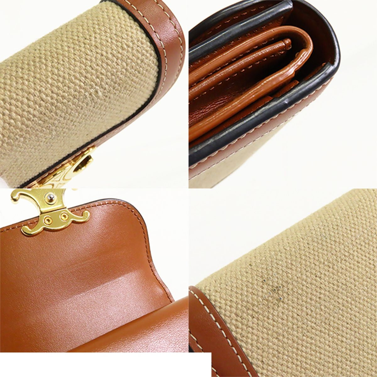 Celine Small Flap Wallet Natural Tan Canvas Calfskin Triomphe Trifold — view 7