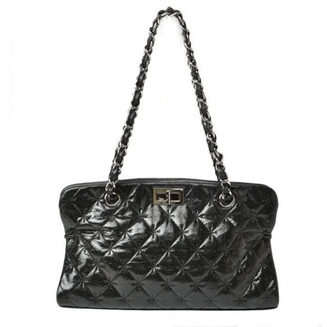 Chanel Tote Bag Chain Vintage Patent Leather Quilted Stitching Black
