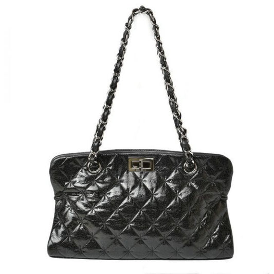 Chanel Tote Bag Chain Vintage Patent Leather Quilted Stitching Black