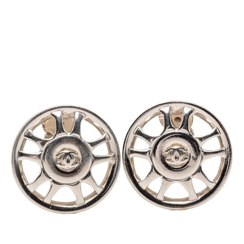Chanel CC Logo Round Earrings Silver Metal