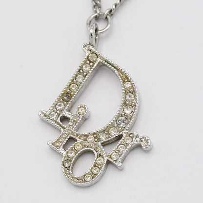 Christian DIOR Necklace Logo Ball Rhinestone Silver Color Accessories Ladies