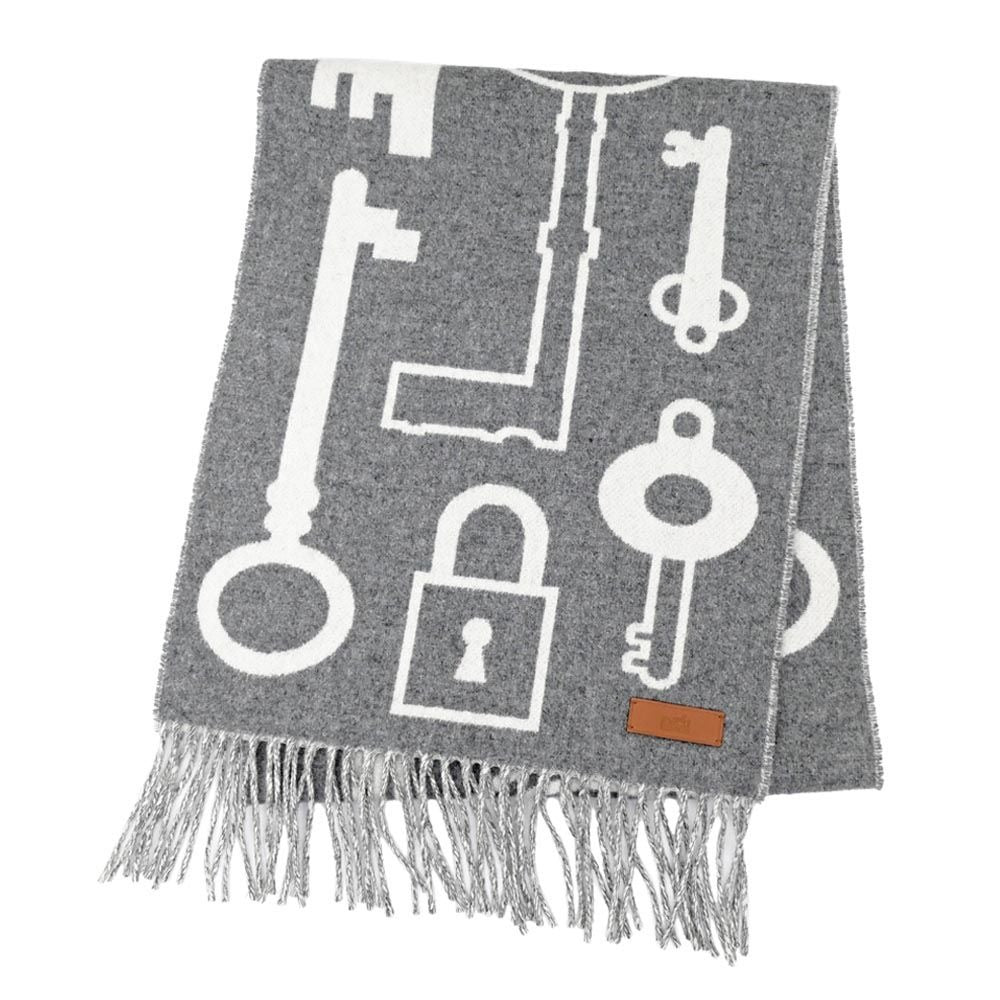 Hermes Muffler Kazak Keys Collection Gray 100% Cashmere Fringe Scarf
