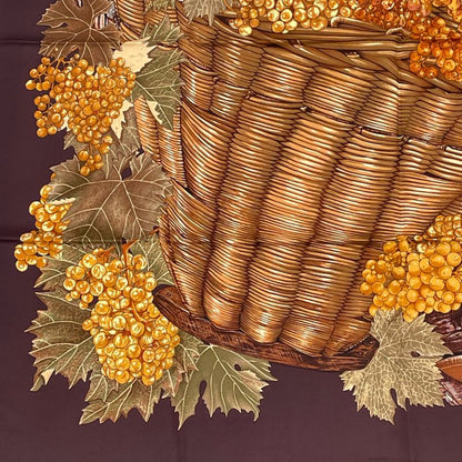 Hermes Carre 90 Scarf Vendanges Grape Harvest Pattern Brown 100% Silk