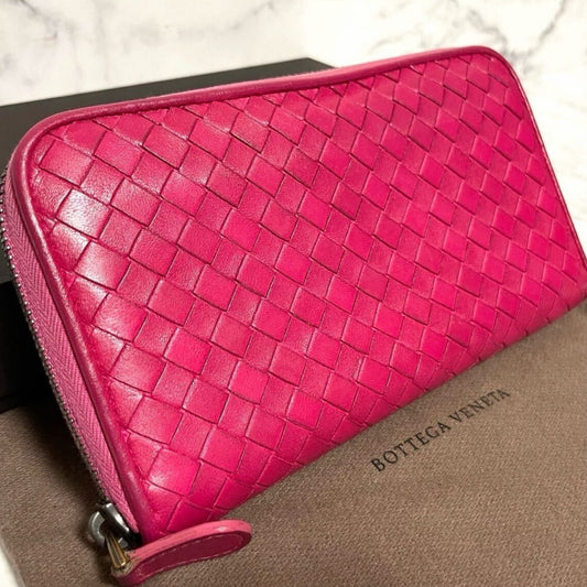 Bottega Veneta Intrecciato Nappa Zip Around Wallet Pink