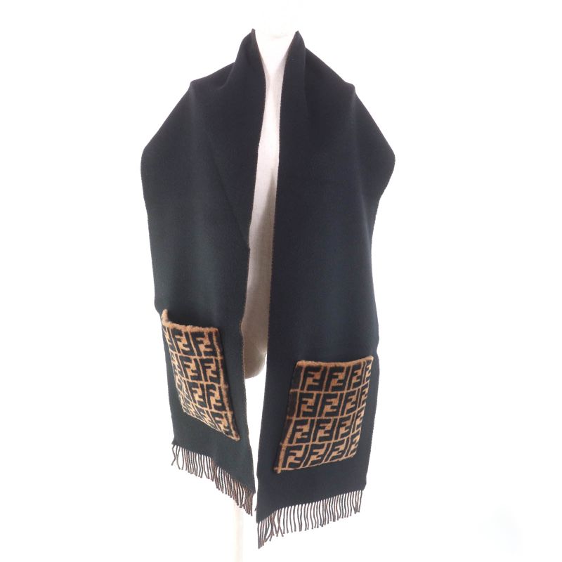 Fendi Fxt252 Cashmere Blend Zucca Pattern Fringe Scarf With Fur Pocket Stole
