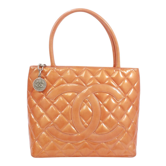 Chanel Medallion Tote Enamel Leather Orange Silver