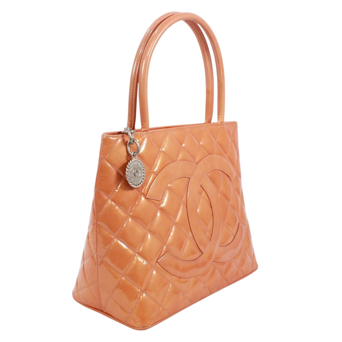 Chanel Medallion Tote Enamel Leather Orange Silver — view 2