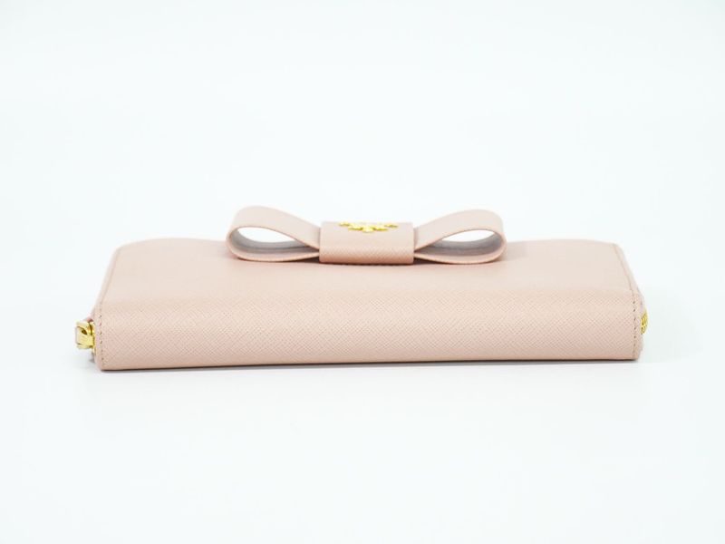Authentic Prada Ribbon Round Zipper Long Wallet Long Wallet Leather Pink Wallet