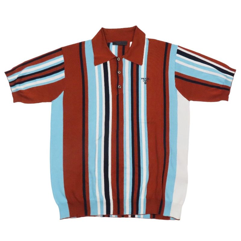 22ss Prada Multi-Stripe Silk Knit Polo Shirt Short Sleeves Logo Embroidery