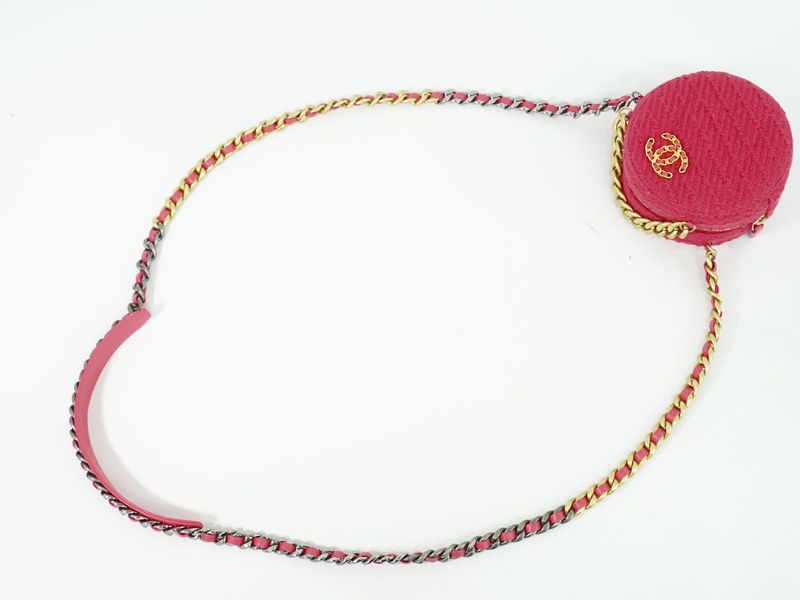Authentic Chanel 19 Coco Mark Chain Mini Shoulder Bag Pochette Tweed Pink Coco