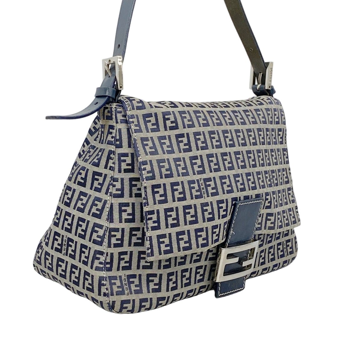 Fendi Handbag Zucchino Mamma Bucket Nylon Canvas Navy Beige Silver — view 2