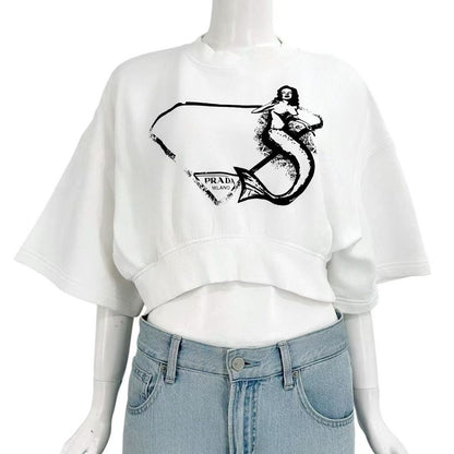 Prada Short Sleeve Sweatshirt Print Short Length White Triangle Logo