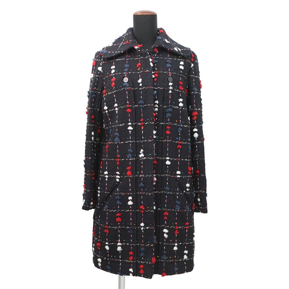 Chanel Coat Tweed Collarless Wool 36 Navy