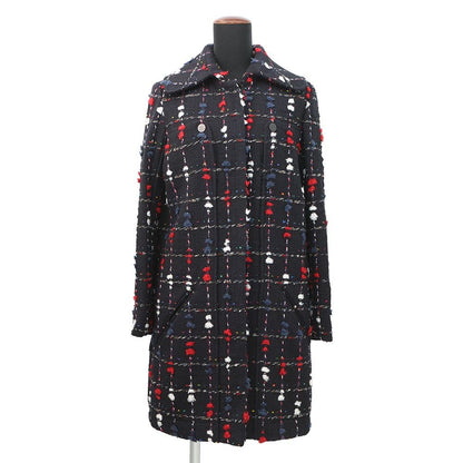 Chanel Coat Tweed Collarless Wool 36 Navy