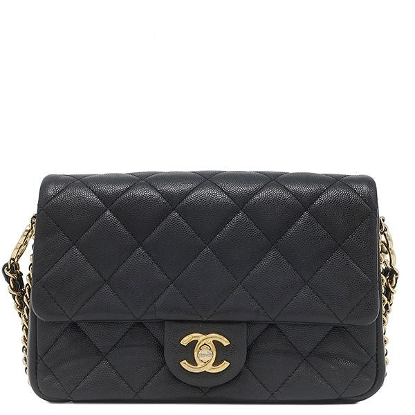 Chanel Shoulder Bag Quilted Chain Caviar Leather Black Gold Single Flap CC Logo