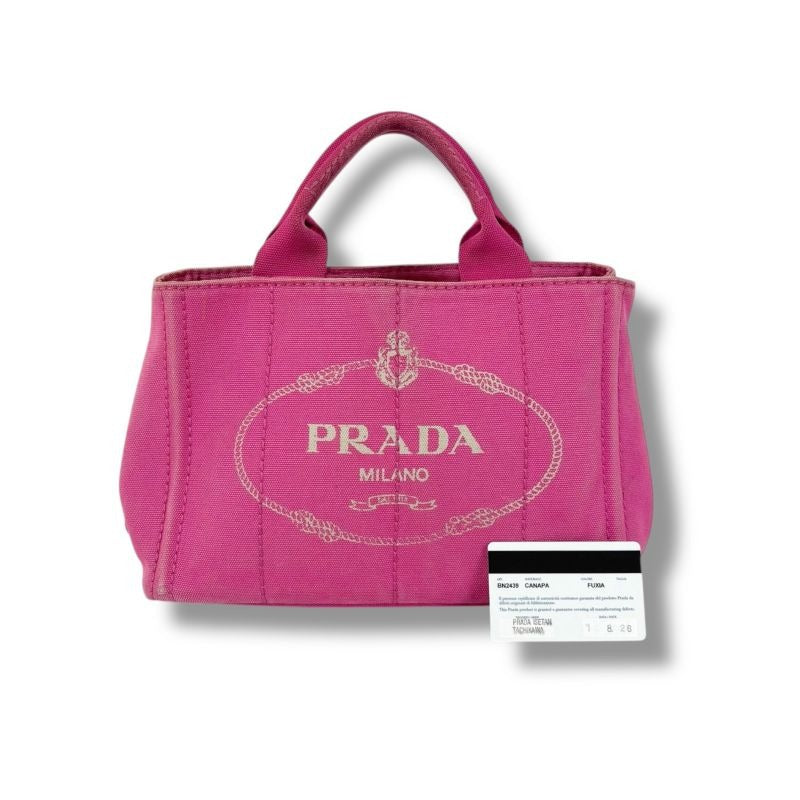 Prada Mini Tote Canapa Handbag Pink Canvas Triangle Logo