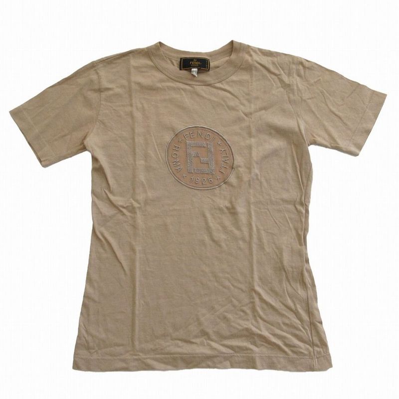 Fendi Logo Embroidery Short Sleeve T-Shirt Top Beige Size M Women's