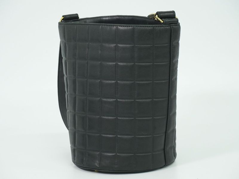 Authentic Chanel Coco Mark Chocolate Bar Shoulder Bag Lambskin Leather Black