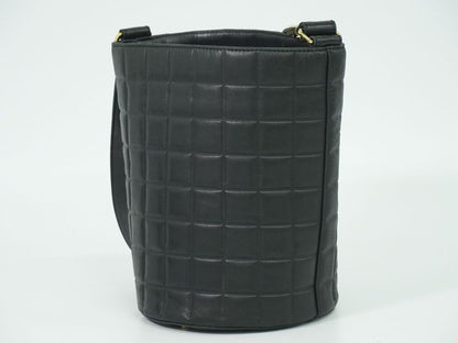 Authentic Chanel Coco Mark Chocolate Bar Shoulder Bag Lambskin Leather Black