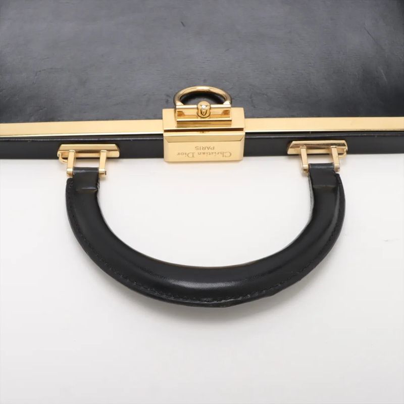 Vintage Christian Dior Clasp Leather Handbag Tote Black Gold Hardware Genuine