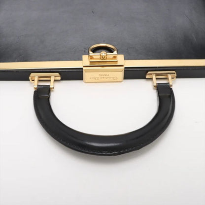 Vintage Christian Dior Clasp Leather Handbag Tote Black Gold Hardware Genuine