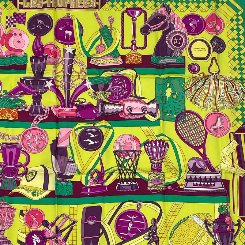 Hermes Carre 90 Scarf Silk LES Trophees Trophy Green And Yellow