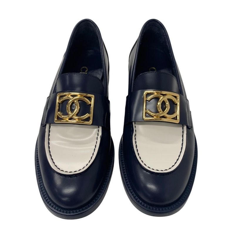 Chanel Loafer Leather Shoes Leather Navy White Gold Here Mark