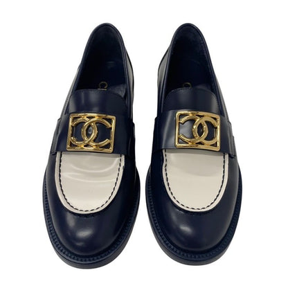 Chanel Loafer Leather Shoes Leather Navy White Gold Here Mark