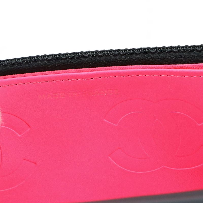 Chanel Cambon Line Chain Wallet Foldable Long Wallet Leather Enamel Black