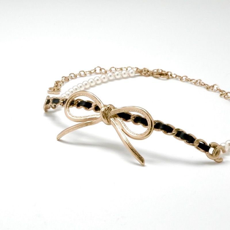 Chanel Necklace Pendant Choker Gold Coco Mark Ribbon Chain Lambskin