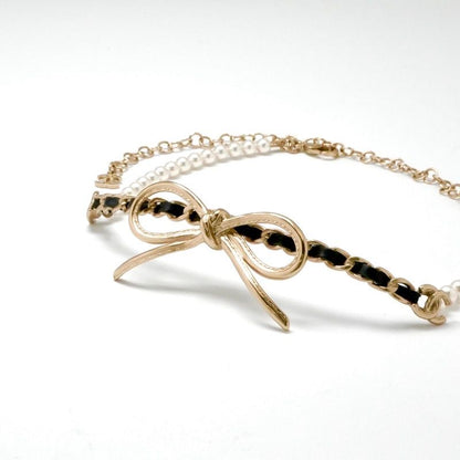 Chanel Necklace Pendant Choker Gold Coco Mark Ribbon Chain Lambskin