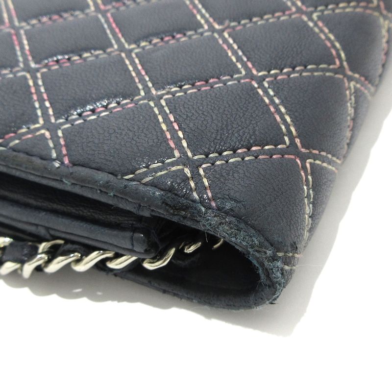 Chanel Wallet Matelasse /double Stitched Dark Navy And Pink Silver Hardware /