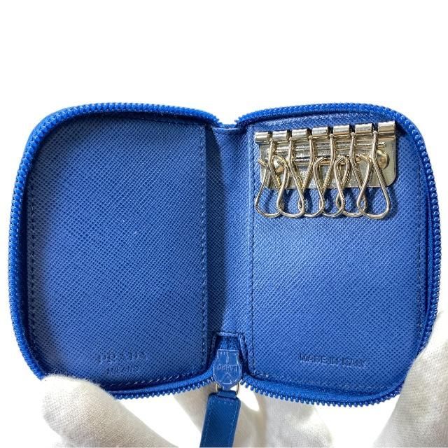 Prada 6-link Key Case Compact Round Zipper With Triangle Logo Nylon Blue