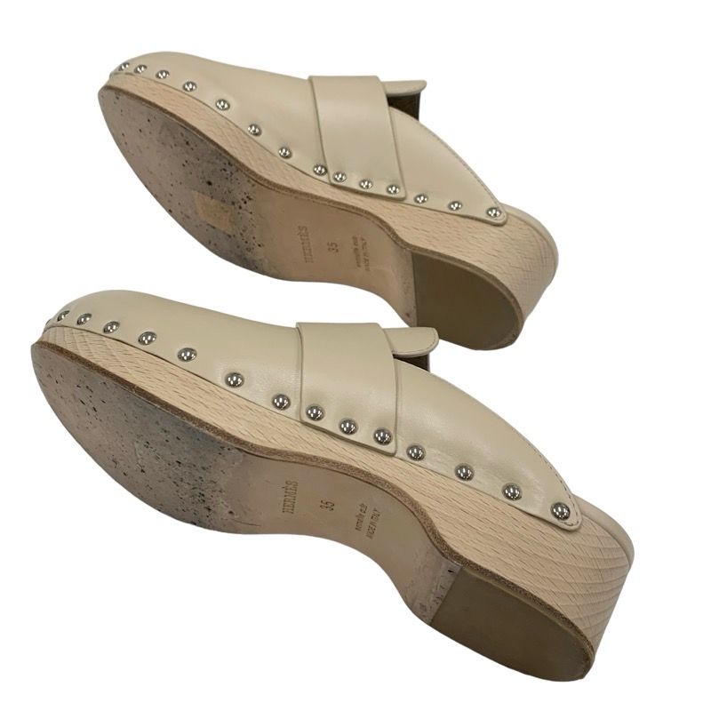 Hermes Karya Sandals Shoes Leather Wood Beige Studded Mules Sabot