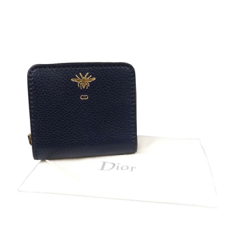 Christian Dior Bee Leather Gold Hardware Navy Blue Bifold Wallet 1128 Christian