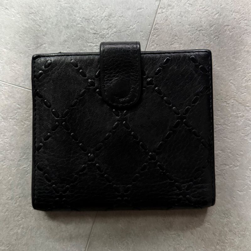 Chanel Stitching Coco Mark W Hook Bifold Wallet Leather Black Compact Wallet