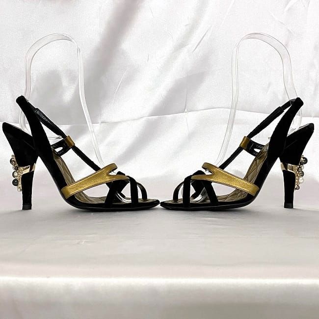 Chanel Mule Sandals Gold Black Matelasse