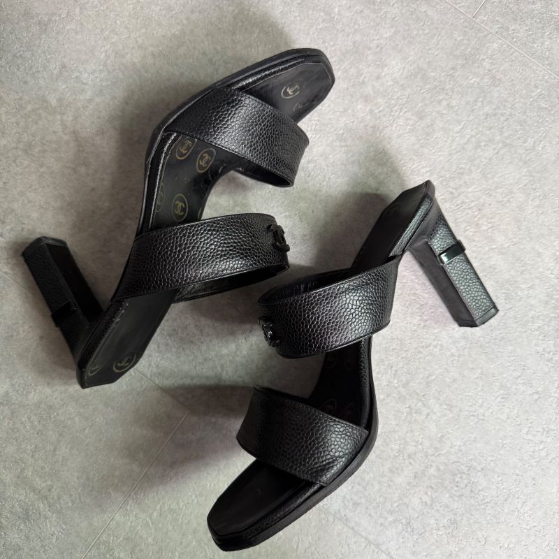 Chanel Coco Mark Caviar Skin Sandals Black Leather 36 23cm (9.06in) Mules