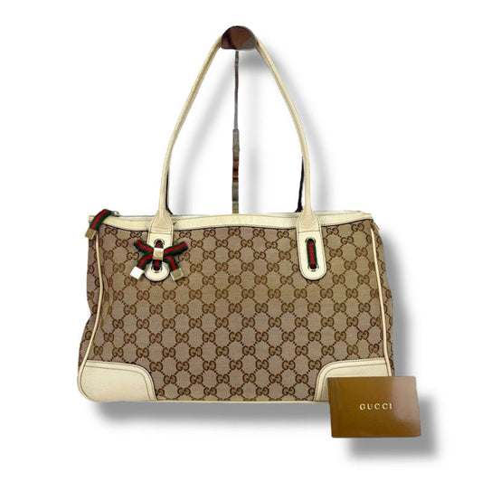 Gucci Tote Bag Brown Beige Ivory GG Canvas Sherry Line Ribbon